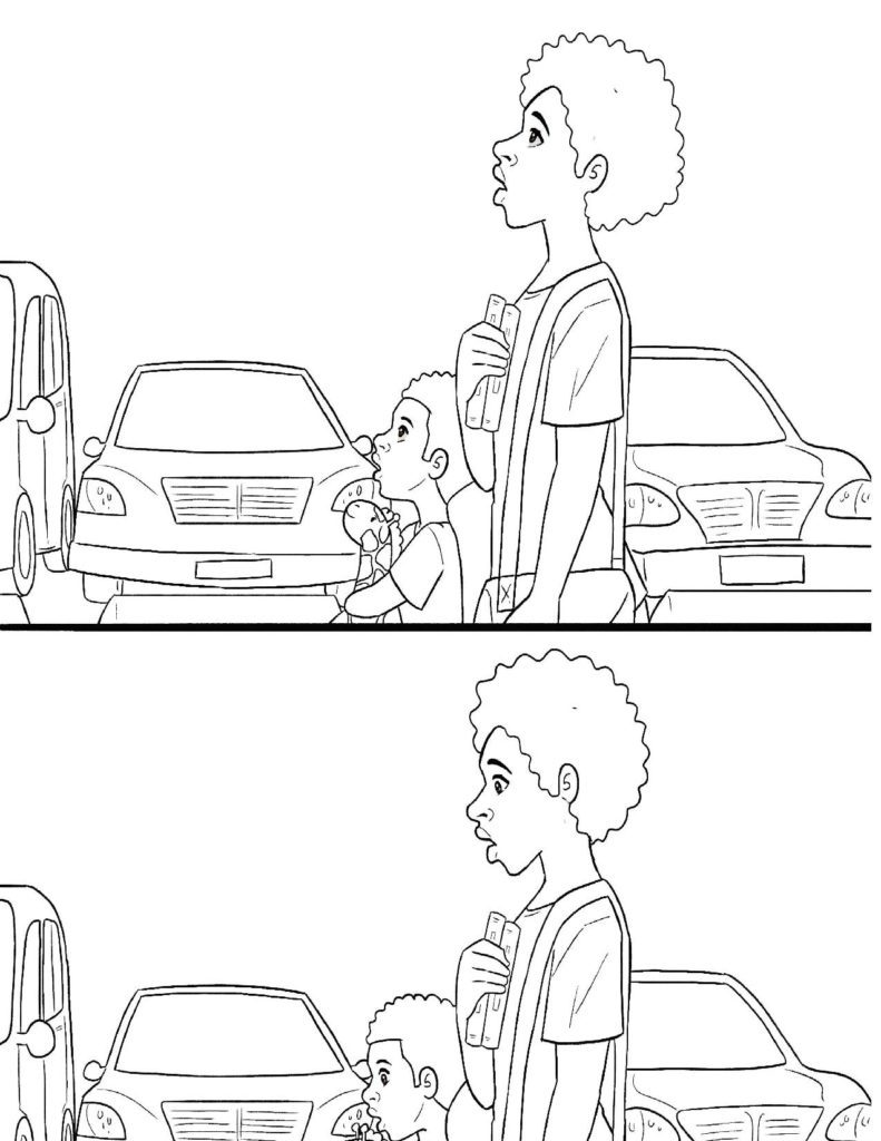 Coloring Page Of Young Black Boy and Mom Walking In a Parking Lot