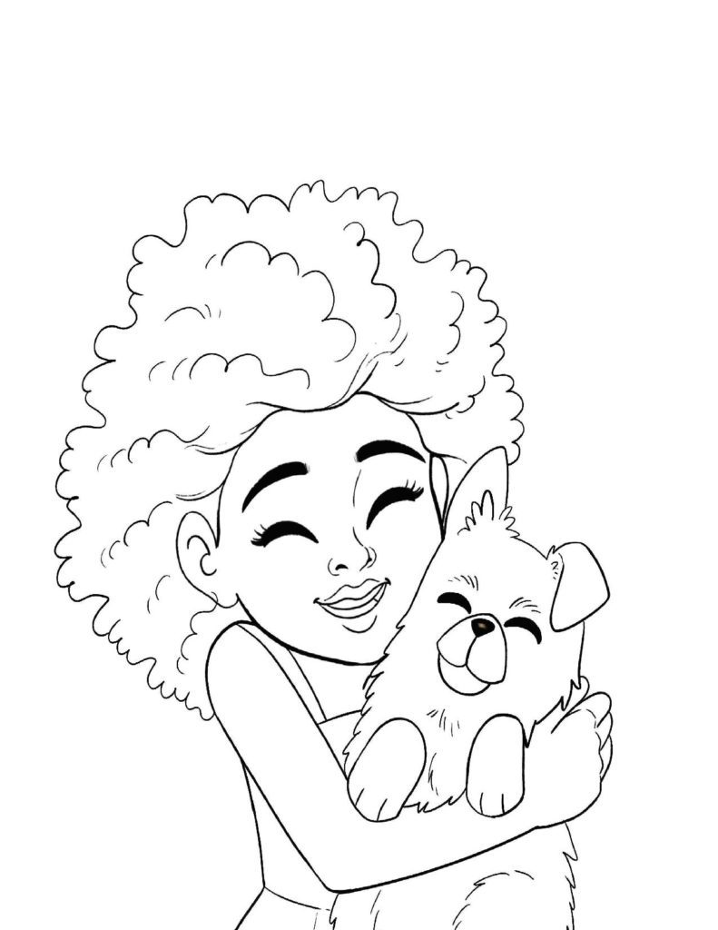 Coloring Page Of A Young Black Girl Hugging A Dog