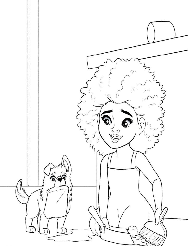 Coloring Page Of Young Black Girl Cleaning With A Dog