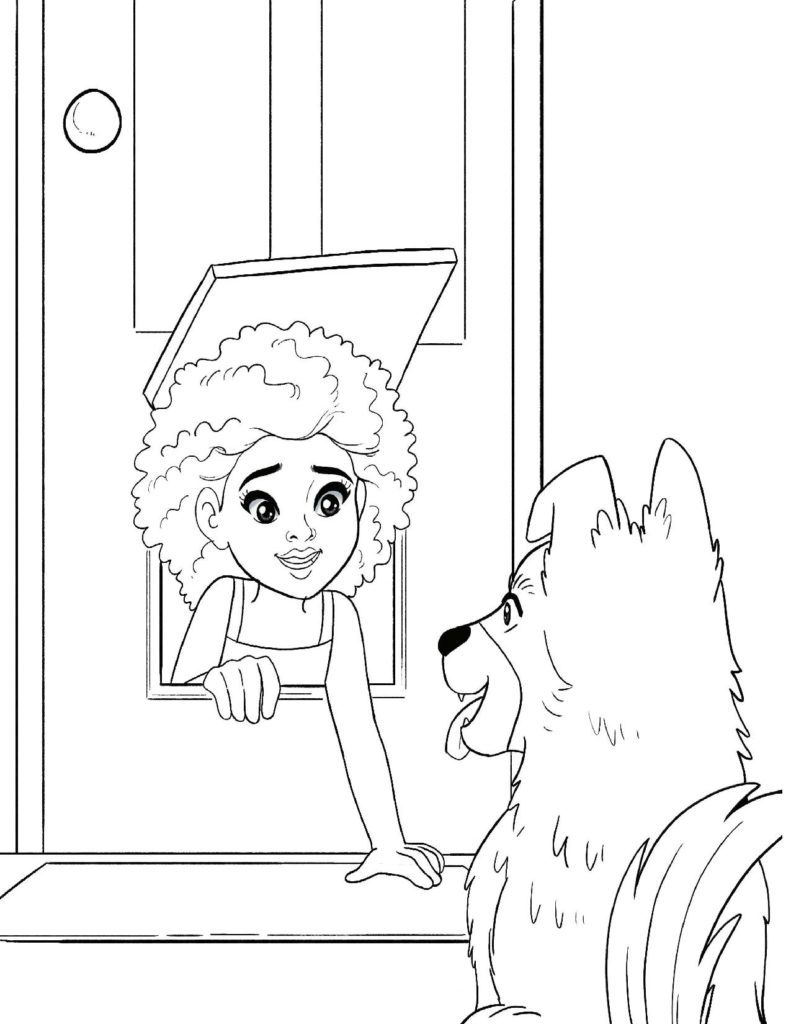 Coloring Page Of Young Girl Teaching A Dog How To Use A Dog Door