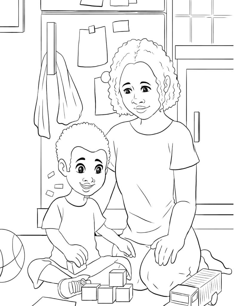 Coloring Page Of A Mom And Son Playing Indoors