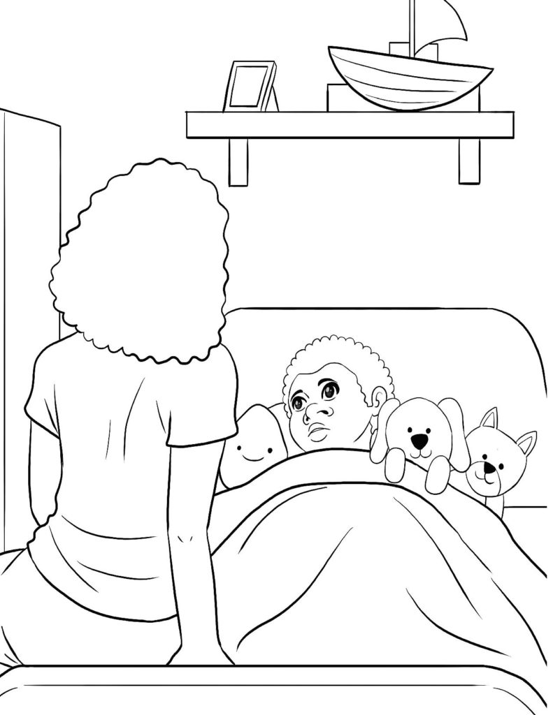 Coloring Page Of Young Boy Being Tucked In By His Mom