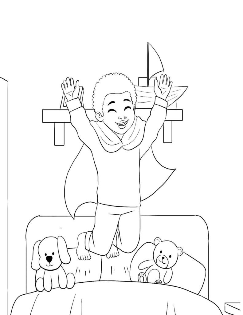 Coloring Page Of A Young Boy Jumping On The Bed